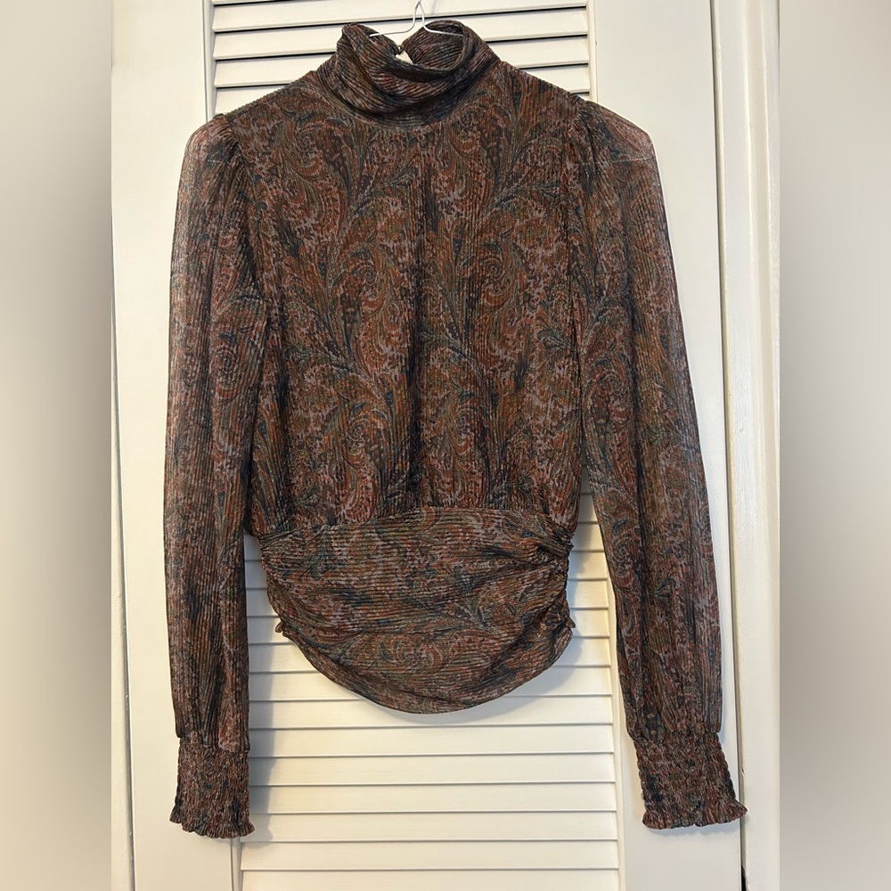 Joie Brocade High Neck Smocked Waist Blouse Women’s Size Small